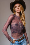 Cowgirl Print Mesh Mock Neck Top - Presale