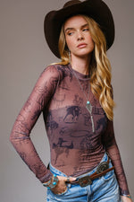 Cowgirl Print Mesh Mock Neck Top - Presale