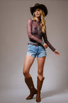 Cowgirl Print Mesh Mock Neck Top - Presale