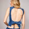 Crew Neck Open Cut Out Back Tie Denim Top - Presale