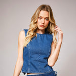 Crew Neck Open Cut Out Back Tie Denim Top - Presale
