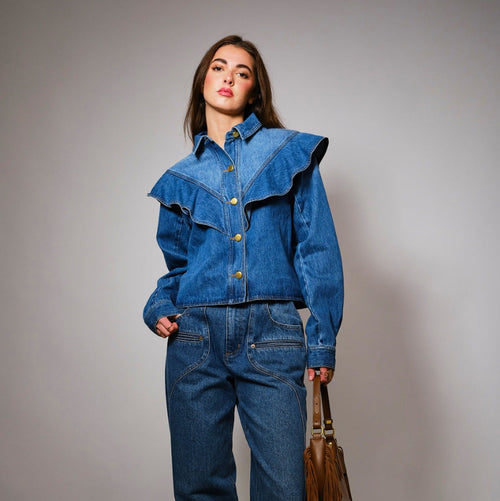 Diagonal Ruffled Long Sleeves Denim Jacket-Presale