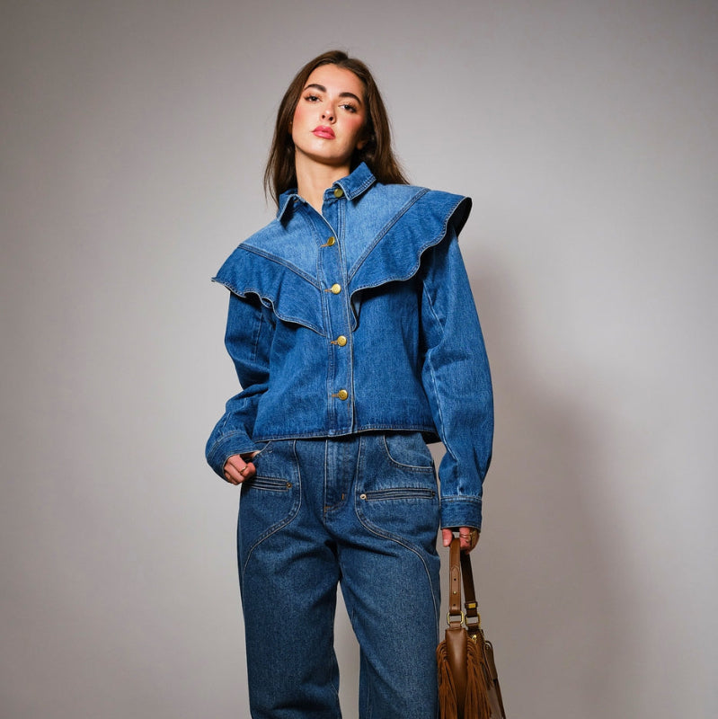 Diagonal Ruffled Long Sleeves Denim Jacket-Presale