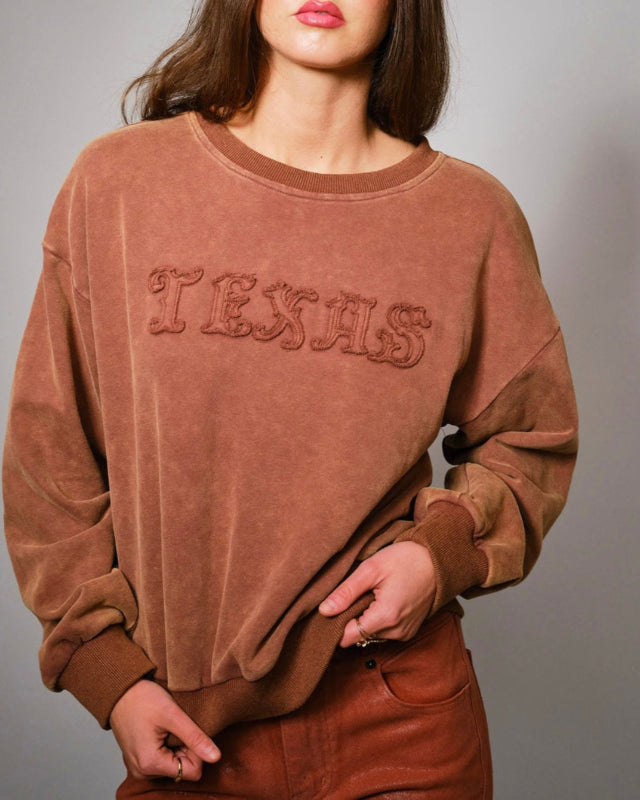 Texas Flocked Lettering Washed Sweatshirt – Oversized - Presale