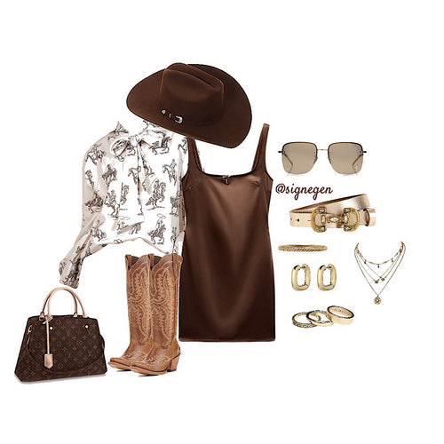 Western chic outfit flat lay featuring a silky brown mini dress layered with a white cowboy-print blouse. The look is styled with tan cowboy boots, a chocolate felt hat, gold jewelry, a beige western belt, brown gradient sunglasses, and a Louis Vuitton handbag for a sophisticated cowgirl vibe.