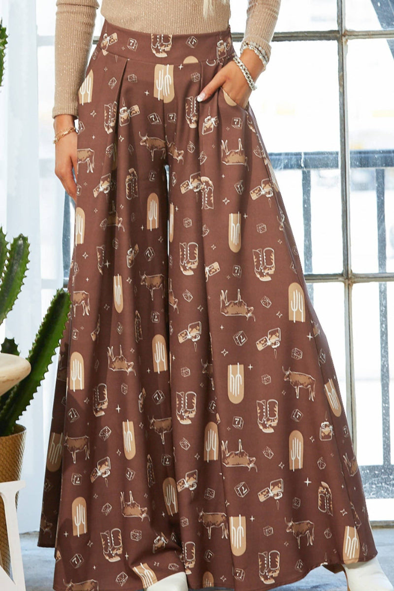 Western Farm Fabric Flare Wide Leg Palazzo Pants - Presale