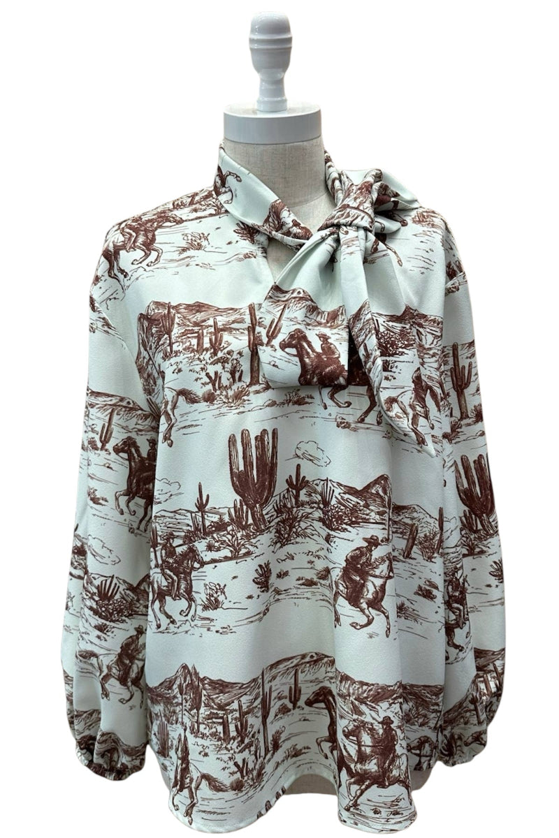 Western Running Cowboy Print Blouse-Presale