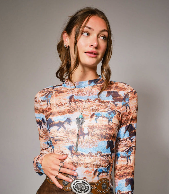 Western Horse Mesh Mock Neck Top - Presale